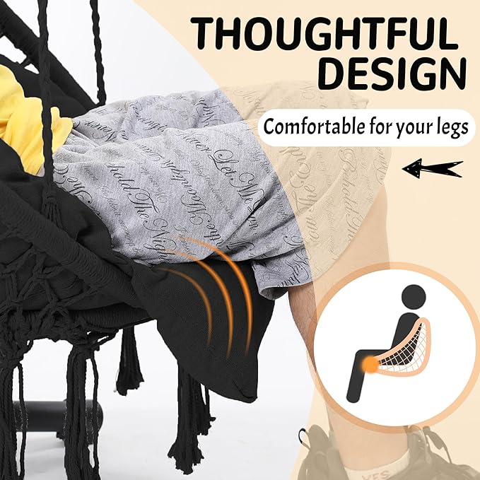 Macrame Hammock Hanging Swinging Chair with Oversized Cushion Perfect for Bedroom Porch Kids Adults Balcony Black