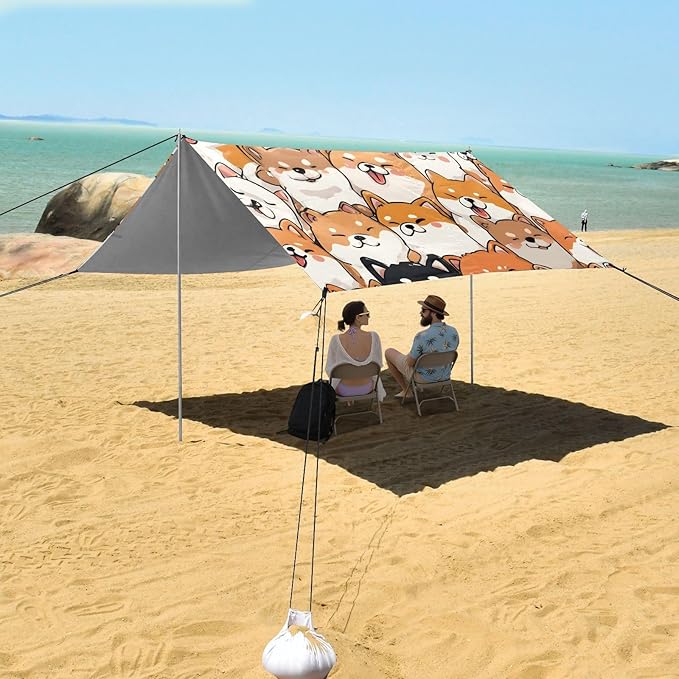 ALAZA Orange Corgi Pattern Beach Tent Sun Shelter Portable Canopy Sunshade for Outdoor Camping Picnics Backyard Fun 10x9 ft