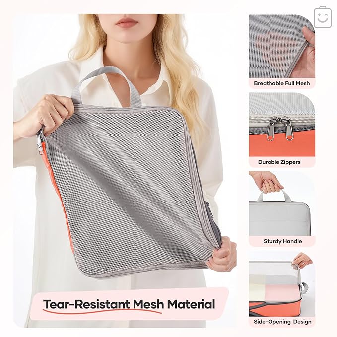 Veken 9/11 Set Compression Packing Cubes for Travel EssentialsCompressible Expandable Large Luggage Suitcase Organizer Bags for ClothingDurable Space Saver Storage Bags with Toiletry Bags(Orange)