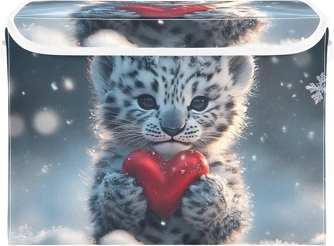 AIXIWAWA Lidded Storage Cube (Snow Leopard Heart) Fabric Foldable Closet Bins with Flip Lid and Handles Organizer Basket Container 16.5 x 12.6 x 11.8 IN