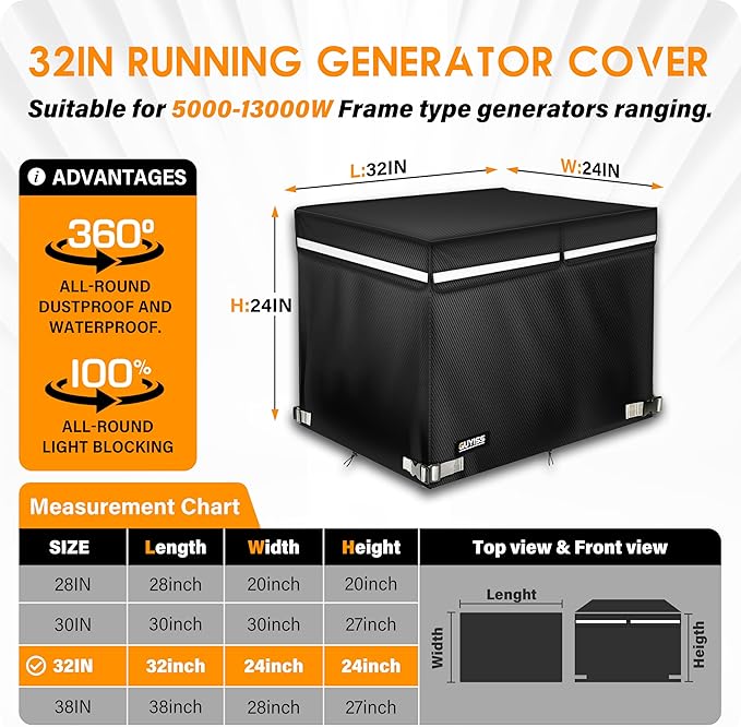 Generator Covers While Running 32x24x24 inch Generator Cover 900D+210D Heavy Duty Waterproof Top Can Be Opened for Refueling. All-weather Generator Protective Cover.Black