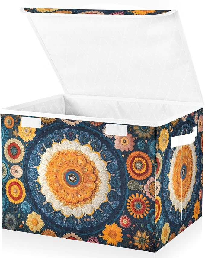 AIXIWAWA Lidded Storage Cube (Ethnic Floral Pattern) Fabric Foldable Closet Bins with Flip Lid and Handles Organizer Basket Container 16.5 x 12.6 x 11.8 IN