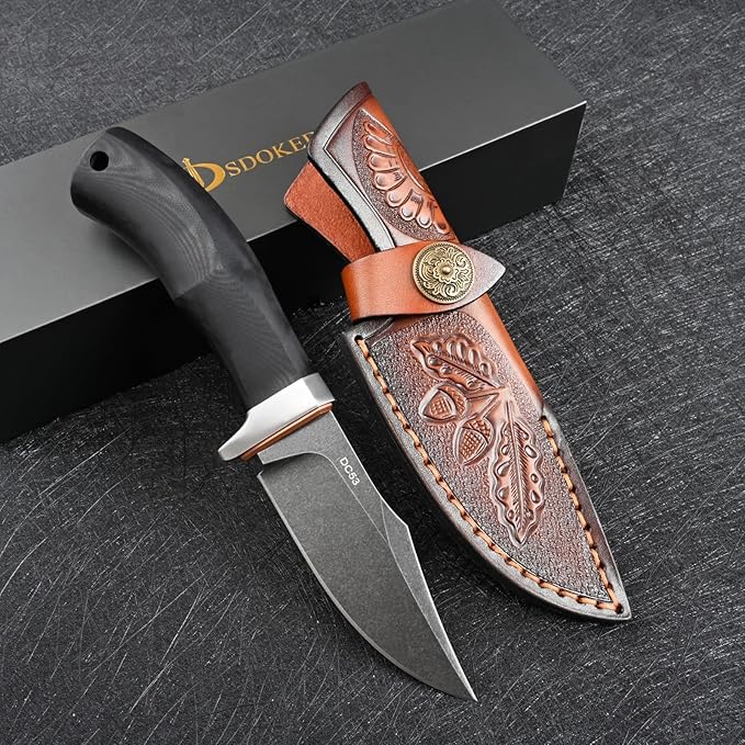 Knives DC53 Steel Fixed Blade Hunting Knife with Sheath Tactical EDC Knife for Men Outdoor Survival Camping Hiking Fishing (Black Stone Wash)