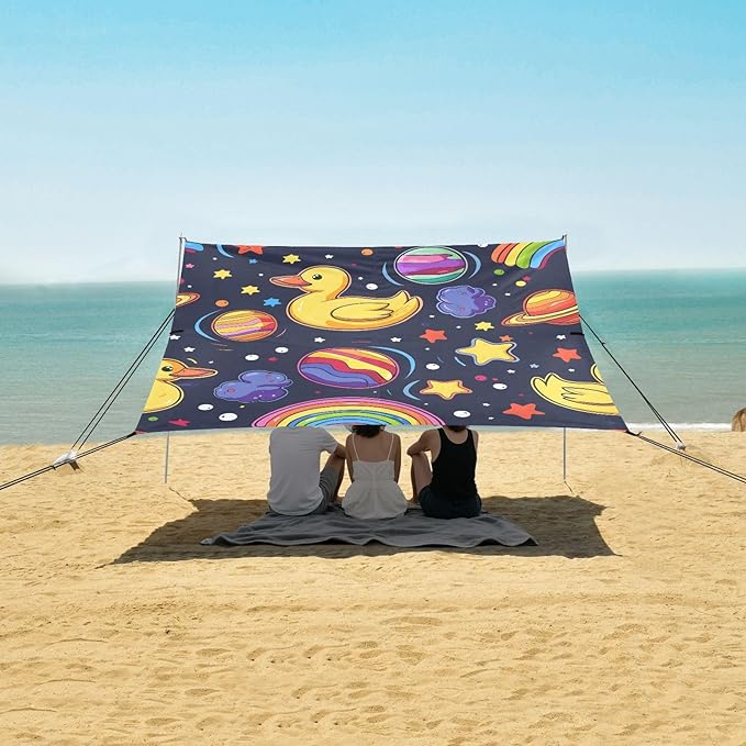 ALAZA Yellow Duck Rainbow Beach Tent Sun Shelter UPF50+ Protection Beach Shade Canopy w/ 4 Sandbags for Outdoor Camping Fishing Backyard Fun Picnic 10x9 ft