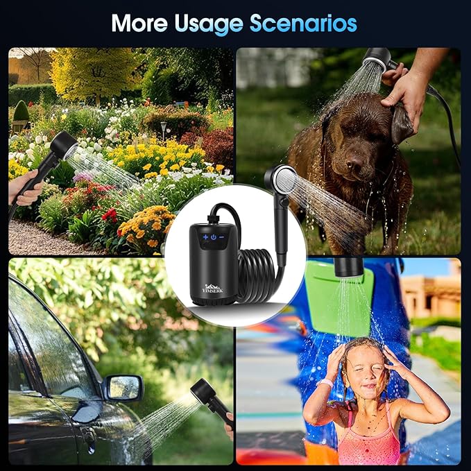 8000mAh Portable Camping Shower 10-Speed Camp Shower Pump LED Display 4 Spray Modes IPX8 Waterproof Outdoor Shower Kit for Hiking Travel Pet Car Wash