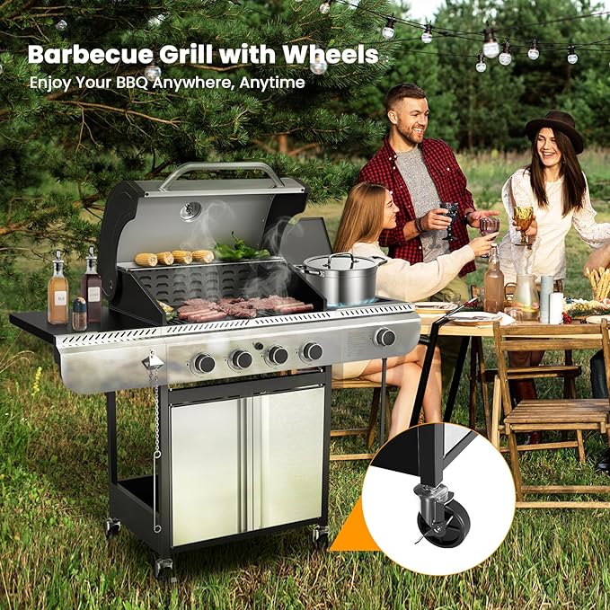 Electactic G41 Gas Grill4-Burner Gas BBQ Grill with Side Burner Porcelain-Enameled Grills 42000 BTU Stainless Steel Propane Grill for Outdoor Cooking and Patio Barbecues