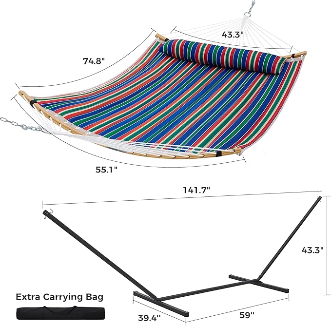 SUPERJARE Curved-Bar Hammock with Stand 2 Person Heavy Duty Hammock Frame Detachable Pillow &amp Portable Carrying Bag Perfect for Outdoor &amp Indoor Retro Blue and Green