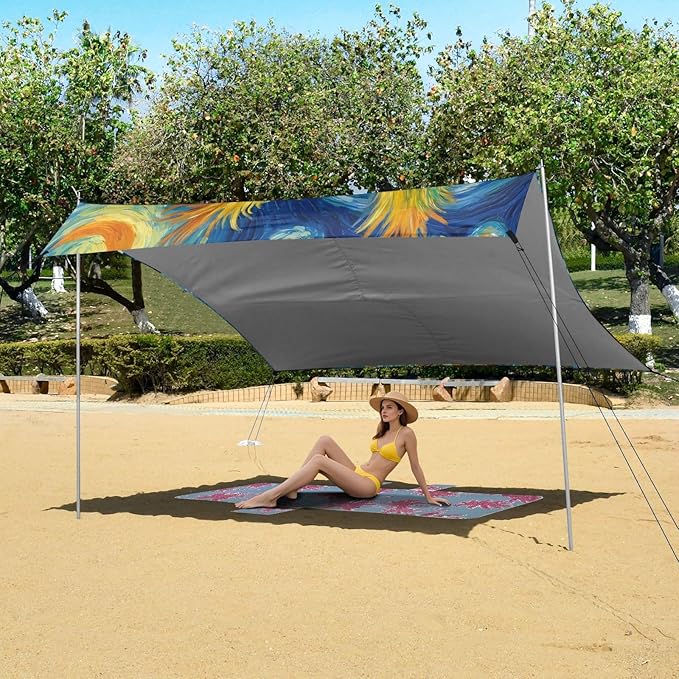 ALAZA Owl Starry Sky Van Gogh Beach Tent Sun Shelter UPF50+ Protection Beach Shade Canopy w/ 4 Sandbags for Outdoor Camping Fishing Backyard Fun Picnic 10x9 ft
