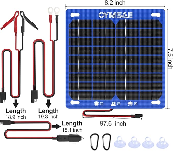 OYMSAE 12V 7.5W Solar Trickle Charger &amp Maintainer - Waterproof Battery Charger with Smart Controller for Car Boat RV Truck Marine - Includes Cigarette Plug &amp Alligator Clips