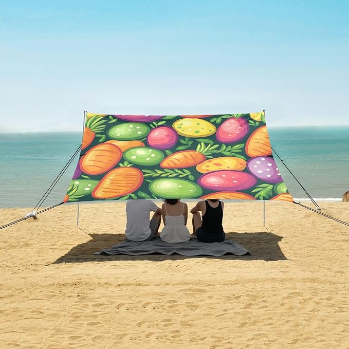 Easter Eggs Carrots Beach Tent Sun Shelter Set UPF50+ UV Protection 10.5 x 9.19 FT Camping Shade Canopy with Sandbags Sand Anchors Carrying Bag and Others
