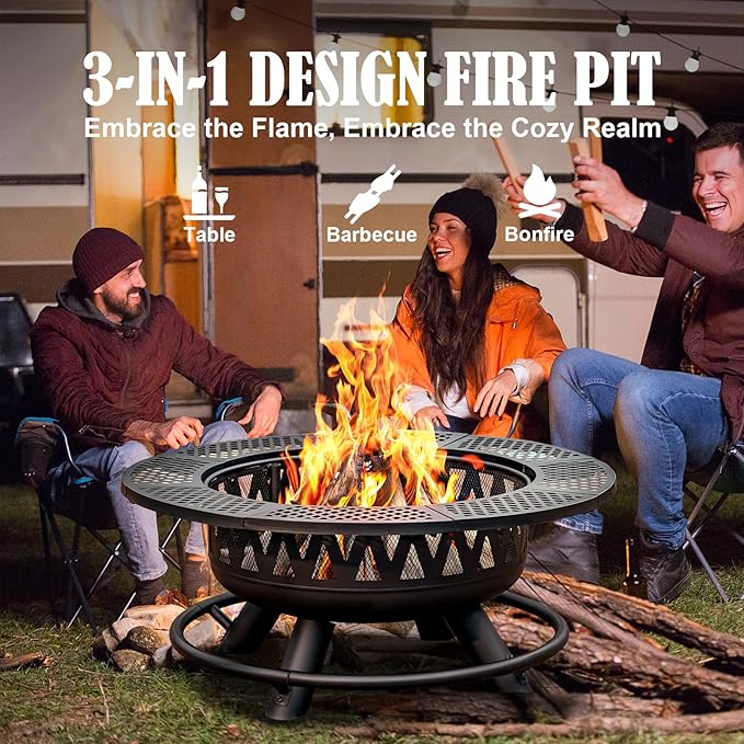 36 Inch Fire Pit with 2 Grills Large Outdoor Firepits for Outside Wood Burning Fireplace for CampingPicnicBonfire 3-in-1 Round Metal Table with Lid for BackyardPatioParty