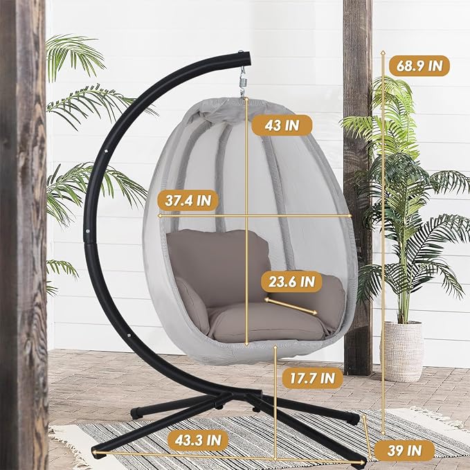 Egg Chair with Comfy Cushions Indoor Outdoor Hanging Chair Sturdy Heavy Duty Hammock Chair with Stand Cushions Breathable Fabric Cover for Patio Bedroom Garden Poolside Grey
