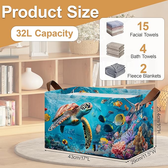 Sea Turtle Storage Bins with Handles Collapsible Storage for Clothes Gift Basket Blankets &amp Closet Organization