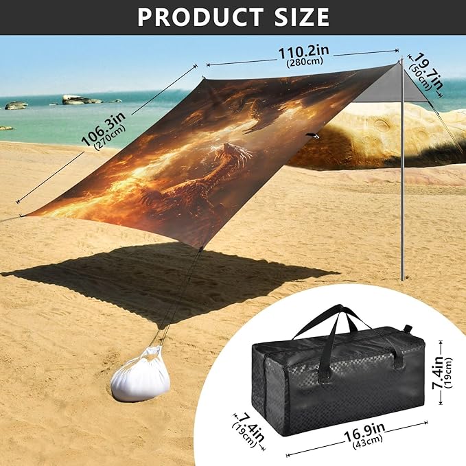 ALAZA Fire Dragons Battling Beach Tent Sun Shelter UPF50+ Protection Beach Shade Canopy w/ 4 Sandbags for Outdoor Camping Fishing Backyard Fun Picnic 10x9 ft