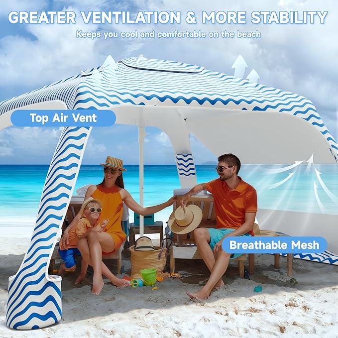Beach Cabana 6.5'×6.5' Beach Canopy with UPF50+ Protection Beach Tent Sun Shelter Sun Umbrella with Removable Side Wall Portable Shade Sun Shelter for Beach Garden Camping (Wave Pattern)