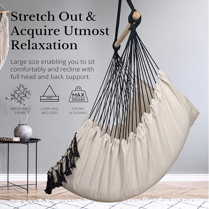 KOMOREBI Hammock Chair - Ivory Black - 60 x 47 - Hanging Rope Swing for Indoor &amp Outdoor - Soft &amp Durable Cotton Canvas - 2 Cushions Included - Large Macrame Hanging Chair for Bedroom Patio