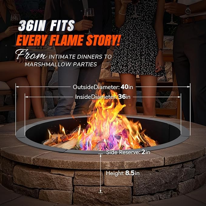 INNOSTAGE 36 Inch Fire Pit Ring (40 Inch Outer) Heavy Duty Steel Fire Ring for Outside Large Round Fire Pit Insert DIY Camping Fire Ring Above or In-Ground Black Carbon for Backyard Patio Bonfire