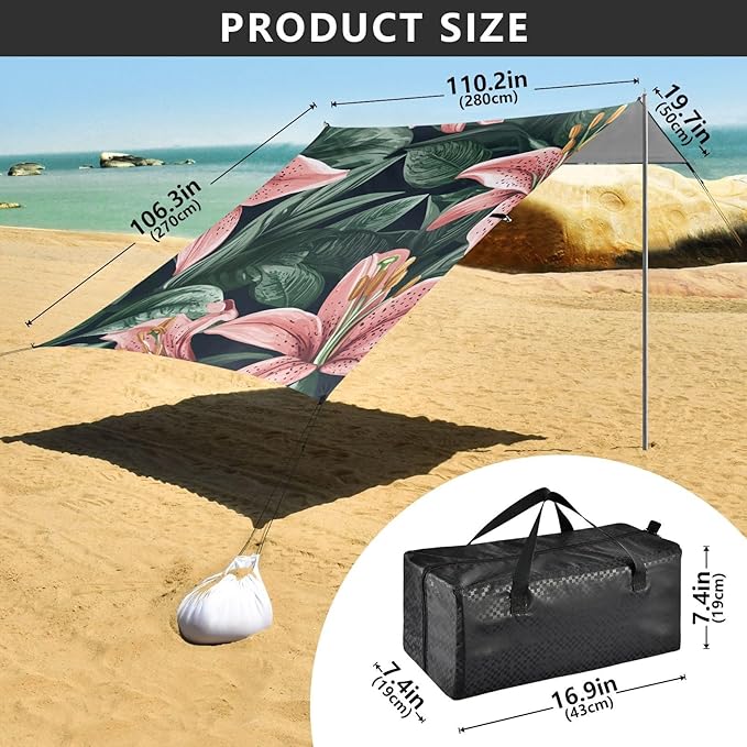 ALAZA Lily Flowers and Leaves Beach Tent Sun Shelter Portable Canopy Sunshade for Outdoor Camping Picnics Backyard Fun 10x9 ft