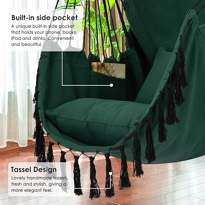 Y- STOP Hammock Chair Hanging Rope Swing Max 500 Lbs 2 Cushions Included Large Macrame Hanging Chair with Pocket for Superior Comfort with Hardware Kit Green