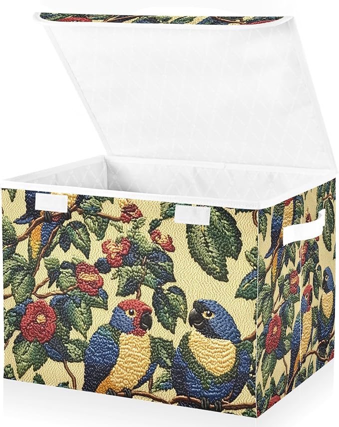 Storage Cube with Lid Fabric Parrots Print 16.5×12.6×11.8 IN 1 Pack Collapsible Large Capacity Foldable Storage Basket Bin Organizer