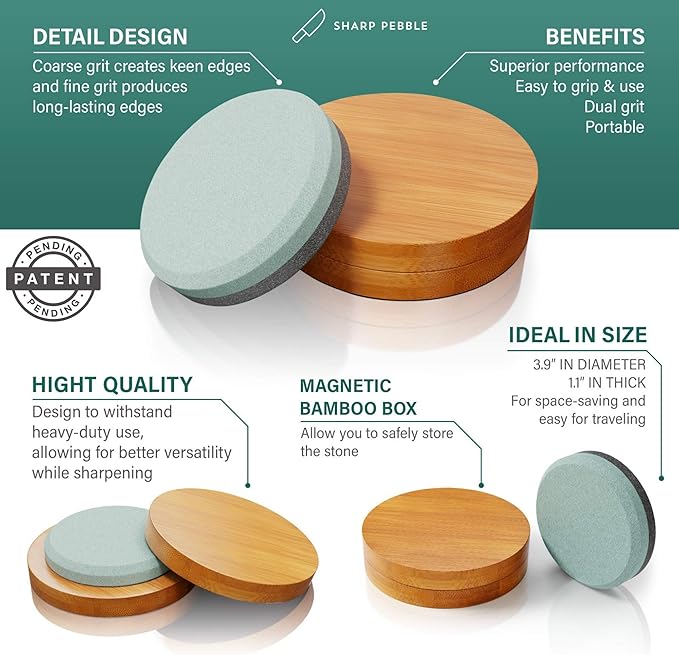 Sharp Pebble Puck/Disk - Axe/Hatchet Large Sharpening Stone- Whetstone Blade &amp Tool Sharpener- Dual Grit Multipurpose Waterstone Sharpener with Bamboo Box