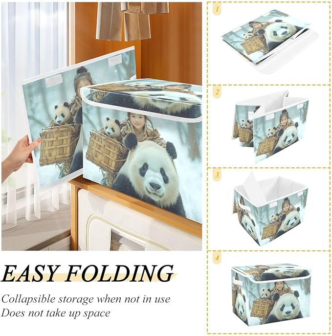 AIXIWAWA Lidded Storage Cube (Panda Family) Fabric Foldable Closet Bins with Flip Lid and Handles Organizer Basket Container 16.5 x 12.6 x 11.8 IN
