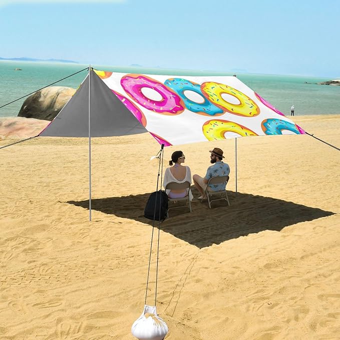 Beach Canopy with Windproof Ropes &amp Sandbags Beach Tent Sun Shade Sun Shelter for Camping Trips Fishing Backyard Fun or Picnics Donuts
