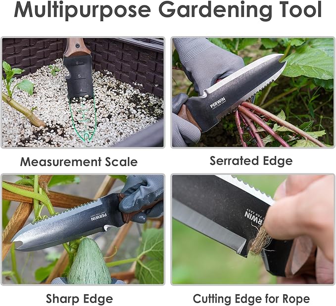 PERWIN Hori Hori Garden Knife Garden Tools with Sheath for Weeding Planting Digging 7 Stainless Steel Blade with Cutting Edge Full-Tang Walnut Wood Handle with Hanging Hole