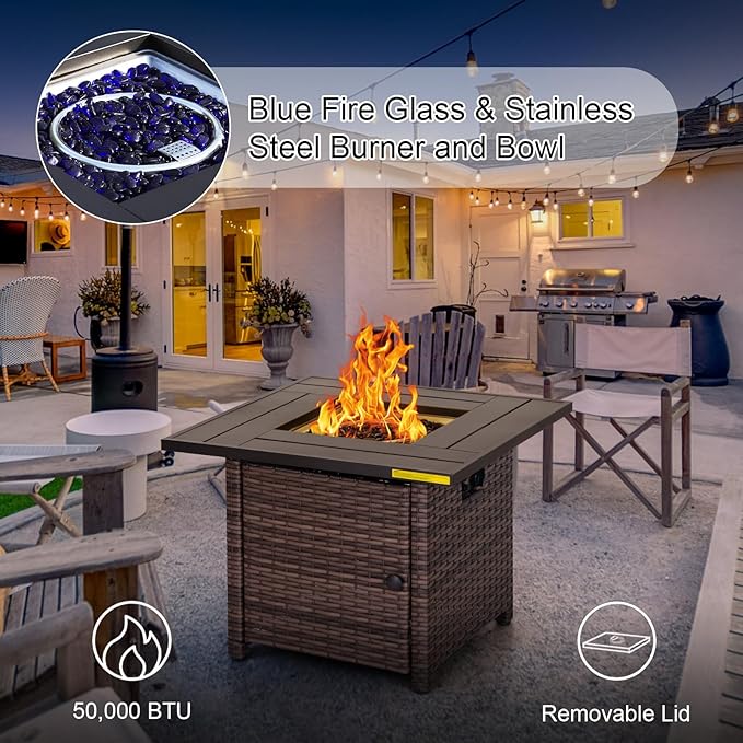Sophia &amp William 32 Inch Gas Fire Pit Table Outdoor Rattan Propane Fire Table &amp Fireplace with Fire Glass Lid 50000 BTU Firepits for Outside Patio