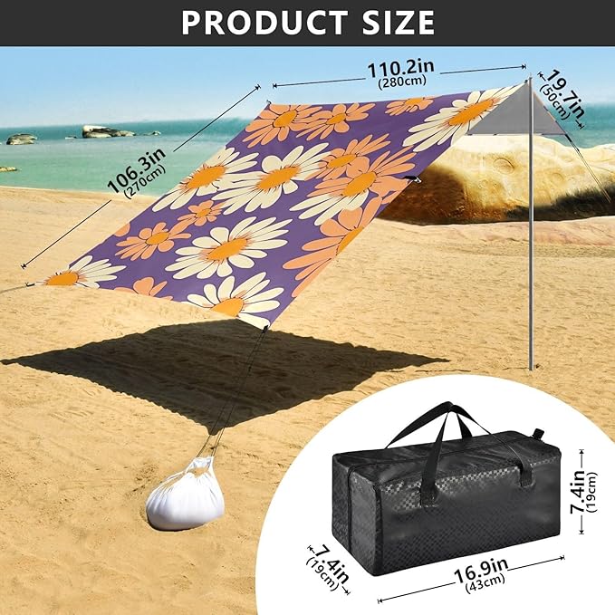 ALAZA Spring Floral Daisy Flower Beach Tent Sun Shelter Portable Canopy Sunshade for Outdoor Camping Picnics Backyard Fun 10x9 ft