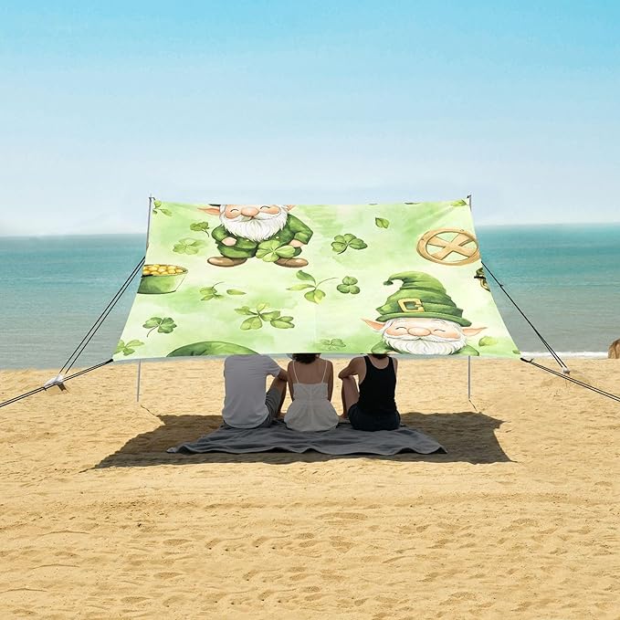 St. Patrick's Day Beach Canopy Sun Shelter with Sandbags &amp Sand Shovel &amp Windproof Ropes - Portable 110x126 Beach Shade Beach Tent for Camping Picnics