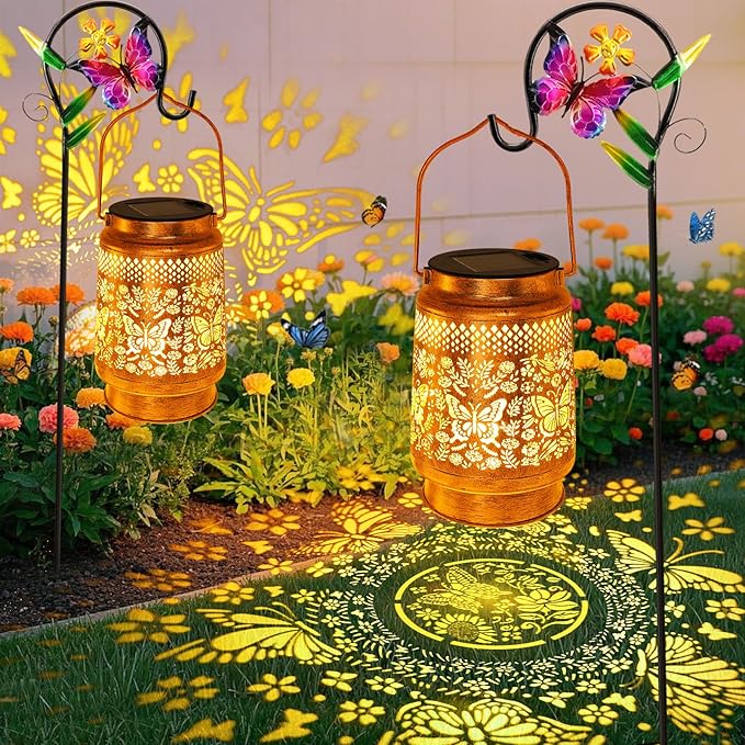 Butterfly Solar Lanterns Outdoor with Shepherd Hook Birthday Gift Mothers Day Gift for Women Mom Grandma Wife Daughter Waterproof LED Hanging Lights Decor for Yard Garden Patio Porch Lawn Tabletop