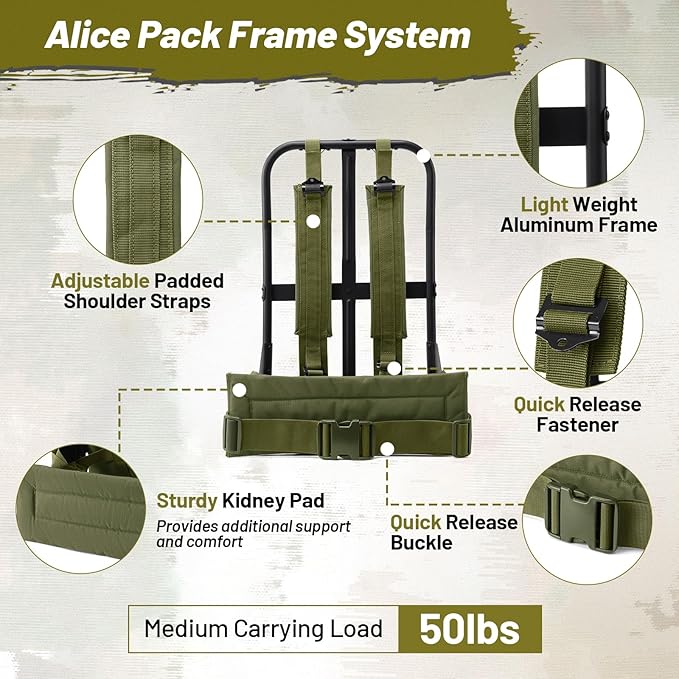 50L Military Alice Pack Army Survival Combat ALICE Rucksack Backpack for Men &amp Women for Camping Hiking Emergency Army Green