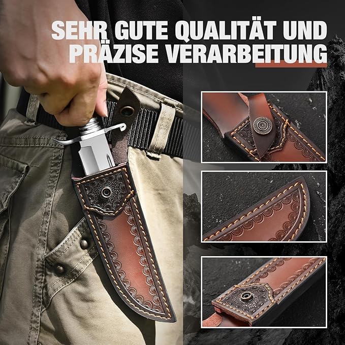 DRACHENADER Bowie Knife 10.5 Inch Hunting Knife with Sheath Outdoor Survival Bushcraft Fixed Blade Knife Comfortable African Rosewood Handle Incl. Black Gift Box