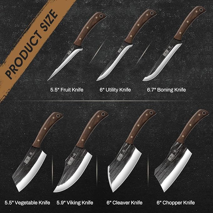 HOSHANHO Butcher Knife Set Hand Forged Butcher Chef Knife Set with Roll Bag Sharp Meat Cleaver Knife &amp Bone Chopper Knives &amp Fillet Knives for Home &amp Camping &amp BBQ Gift with Men