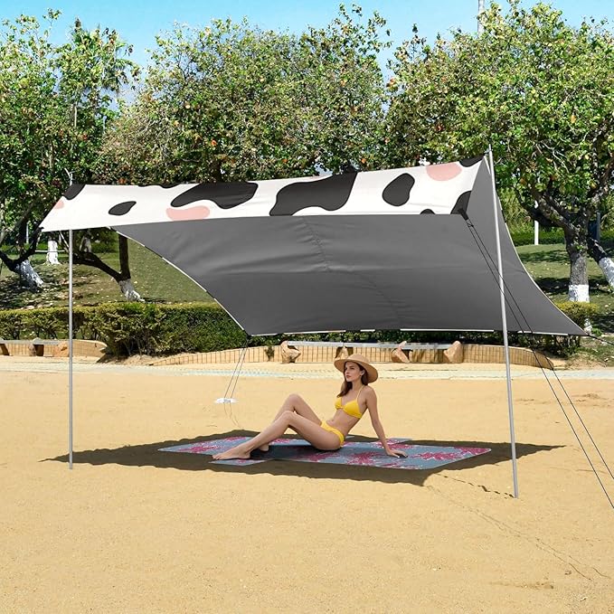 Simple Cow Print Pattern Vector Art Style White Background Pink and White Beach Cabana UPF50+ Protection Water-Resistant Shade Sun Shelter with Sand Pockets for Camping Picnics Backyard