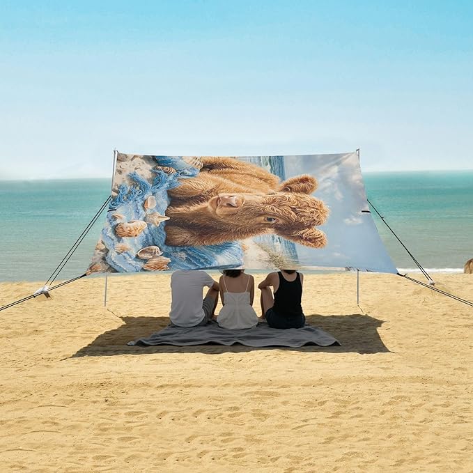 ALAZA Highland Cow Beach Beach Tent Sun Shelter UPF50+ Protection Beach Shade Canopy w/ 4 Sandbags for Outdoor Camping Fishing Backyard Fun Picnic 10x9 ft