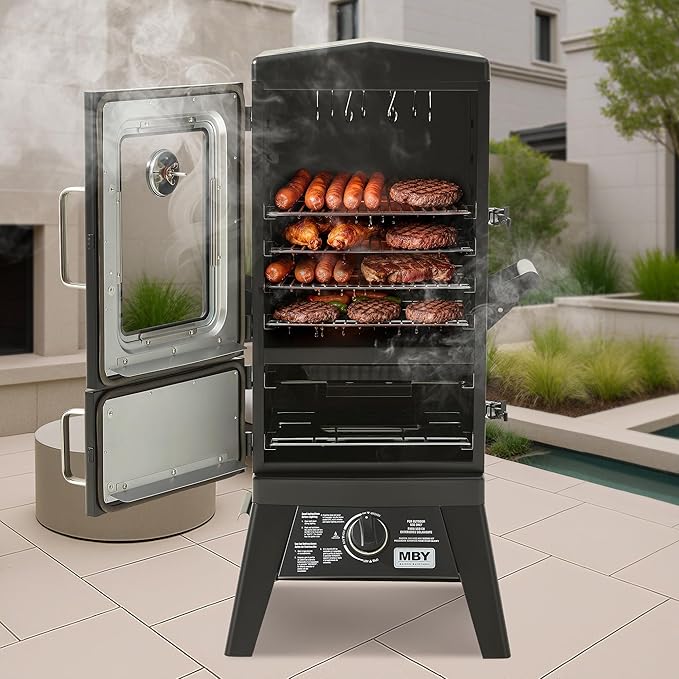 Large Vertical Propane Smoker with Cover &amp 4 Cooking Grates Large Cooking Space Heavy Duty &amp Weather-Resistant for OutdoorSmoke RibsBrisketChicken