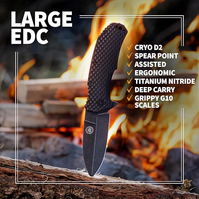 Off-Grid Knives - Rapid Fire Stinger Assisted Spear Point Blade Hard Use Build Tactical Camping &amp Survival EDC Cryo D2 Steel G10 Scales Deep Pocket Carry (Blackout)