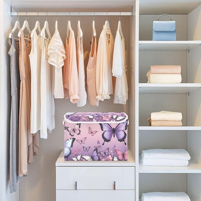 Storage Cube with Lid Purple Butterflies Print Collapsible Large Capacity Foldable Storage Basket Bin Organizer 16.5×12.6×11.8 IN