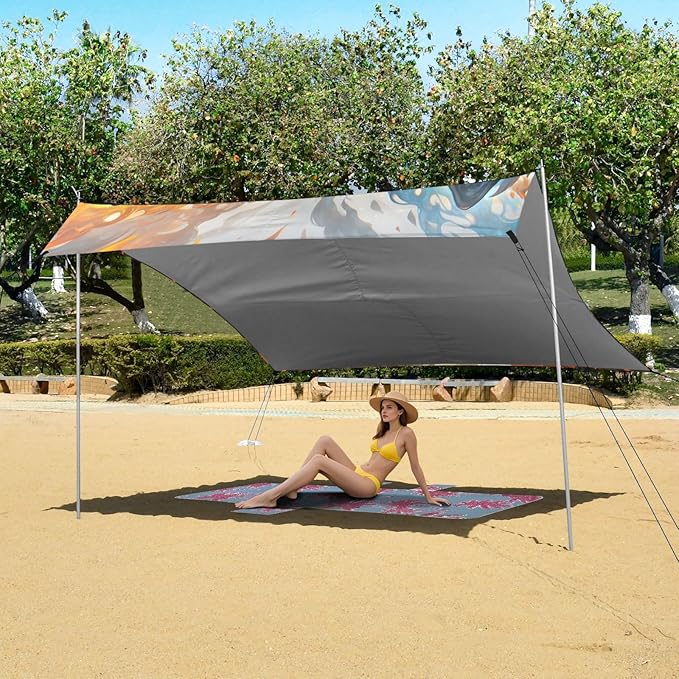 ALAZA Roarring Wolf Fire &amp Ice Beach Tent Sun Shelter UPF50+ Protection Beach Shade Canopy w/ 4 Sandbags for Outdoor Camping Fishing Backyard Fun Picnic 10x9 ft