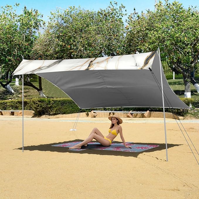 White Golden Marble Beach Tent Sun Shelter Set UPF50+ UV Protection 10.5 x 9.19 FT Camping Shade Canopy with Sandbags Sand Anchors Carrying Bag and Others