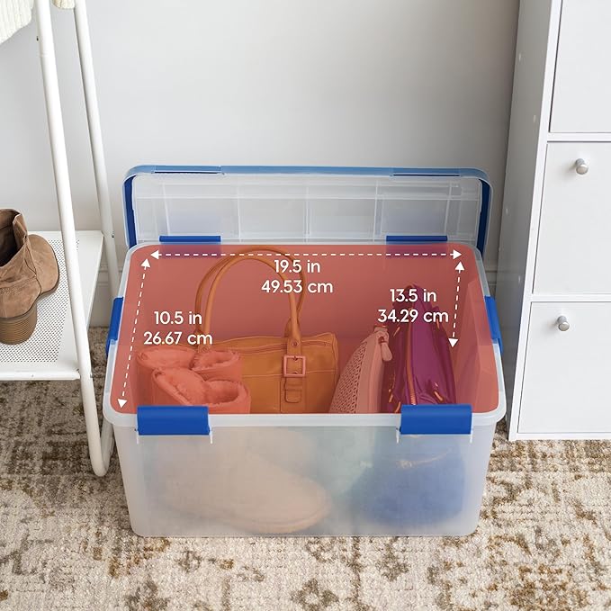 IRIS USA WeatherPro 60 Qt Storage Bins with Lids 3 Pack BPA-Free Plastic Gasket Box with Tight Latch and Seal Stackable Nestable Tote Tub - Clear/Blue