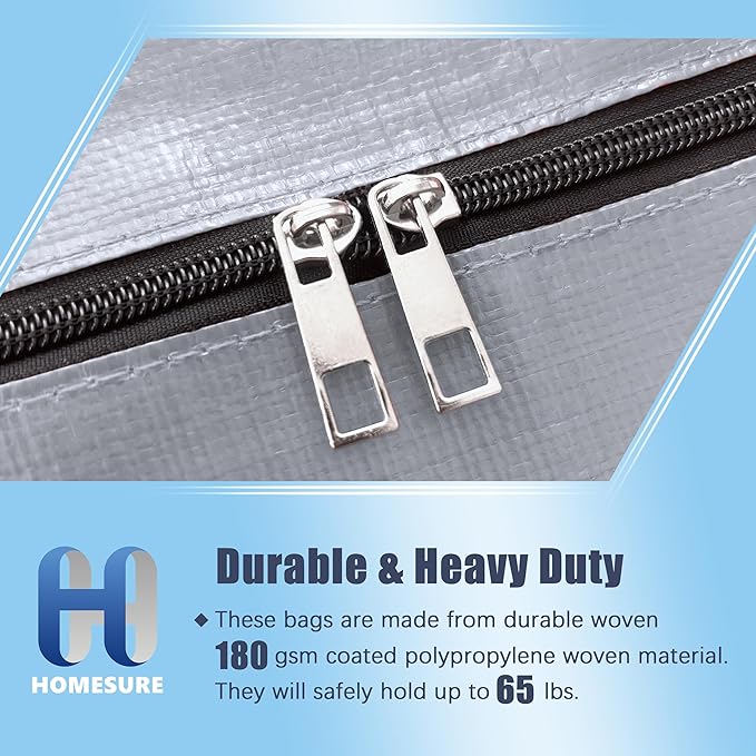 HOMESURE 8 Pack Large Strong Bags with Zippers &amp Carrying Handles - Water-Resistant - Heavy Duty Storage Tote for Space Saving Storage Fold Flat Alternative to Moving Box (Silver)