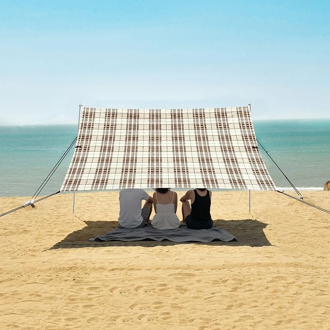 ALAZA Brown Grid Tartan Checkered Beach Tent Sun Shelter UPF50+ Protection Beach Shade Canopy w/ 4 Sandbags for Outdoor Camping Fishing Backyard Fun Picnic 10x9 ft