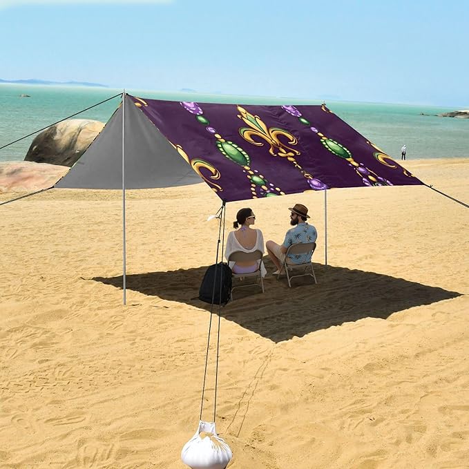 Mardi Gras Beach Canopy Sun Shelter with Sandbags &amp Sand Shovel &amp Windproof Ropes - Portable 110x126 Beach Shade Beach Tent for Camping Picnics