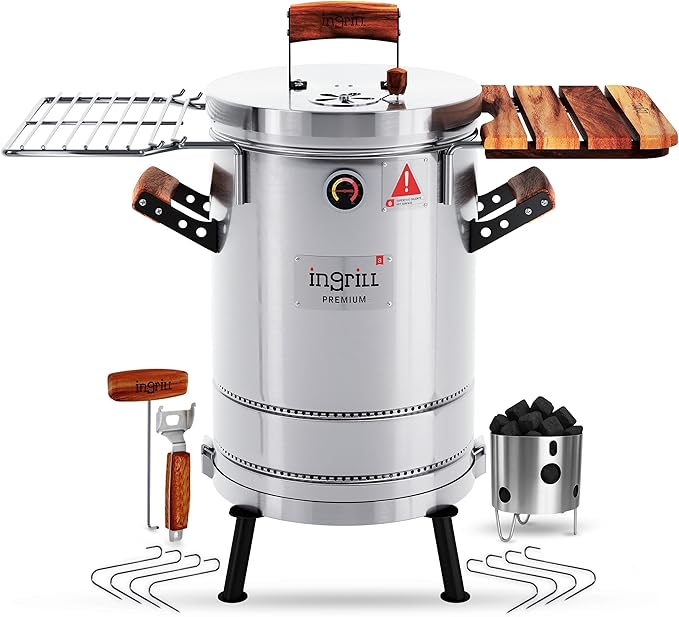 3-in-1 Stainless Steel Smoker Barrel Grill Premium – Portable Charcoal BBQ with Thermometer 12 lbs Outdoor Cooking Smoker for Camping Backyard &amp Home BBQ INGRILL