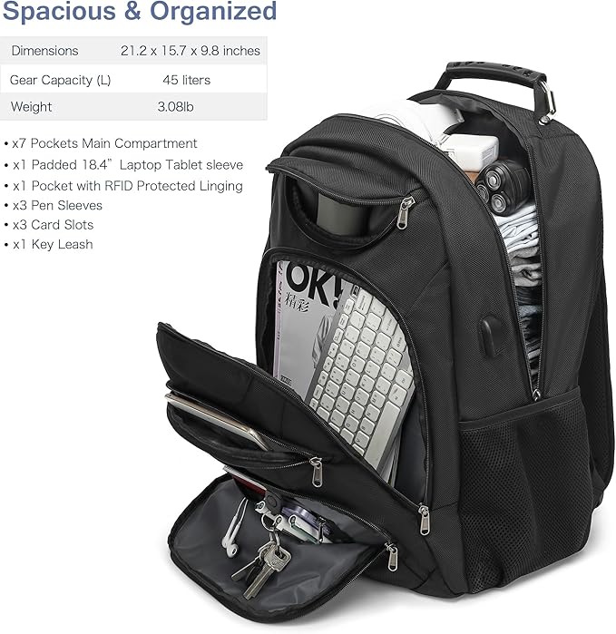 Extra Large Laptop Backpack for Men37L Gaming Laptop Backpack18.4Inch Travel Backpack with USB Charging Port Business Flight Approved -Big Capacity Computer Bag College Bookbag Black Black