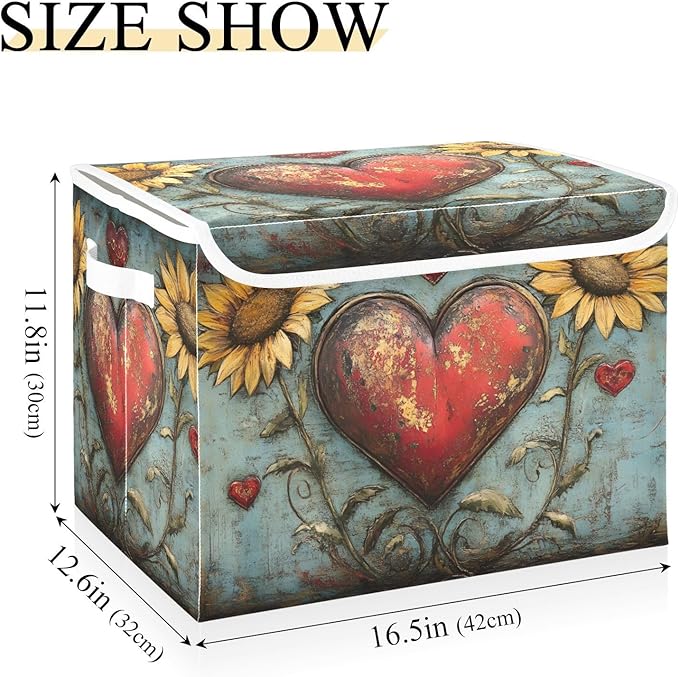 AIXIWAWA Lidded Storage Cube (Vintage Heart Valentine) Fabric Foldable Closet Bins with Flip Lid and Handles Organizer Basket Container 16.5 x 12.6 x 11.8 IN