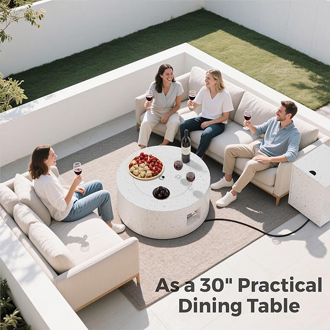 30' Outdoor Fire Pit Table with 50000 BTU Output Premium Gas Fire Pit Tables for Outside Patio Round Propane Fire Pit with Glass Stones Waterproof Cover (White 30 inch)